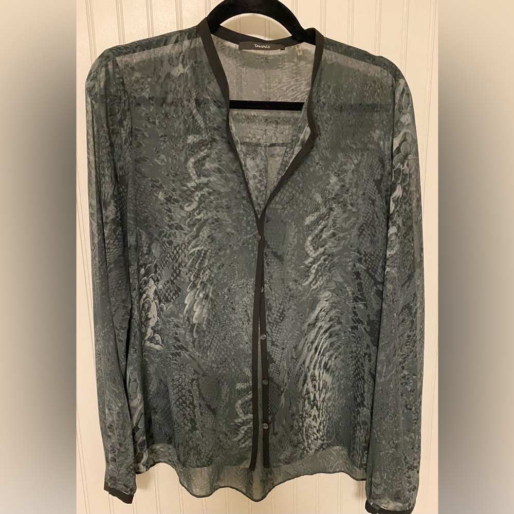 Tahari Long Sleeve Sheer Blouse. Snakeskin  Print. Black & Gray Button Down Top